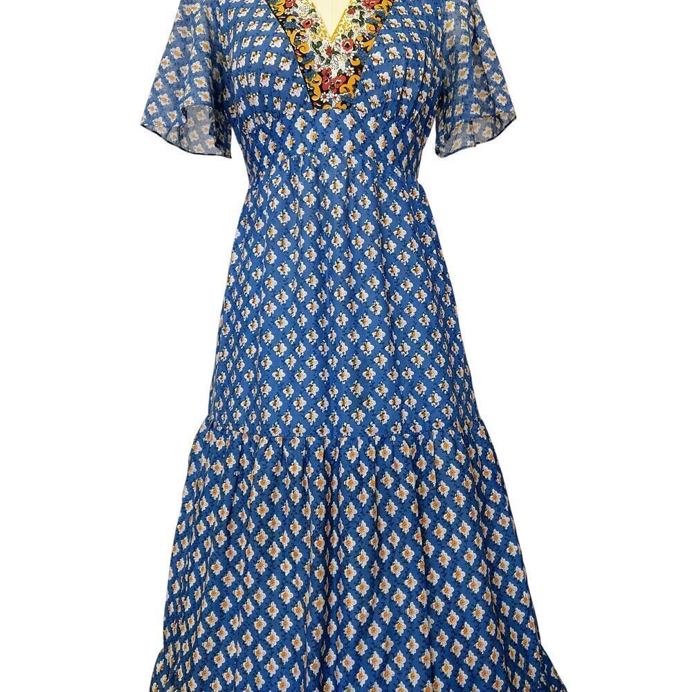Vintage 70s Prairie Maxi Dress Size M 11 Blue Floral Calico Tiered Terri Juniors - Picture 5 of 12